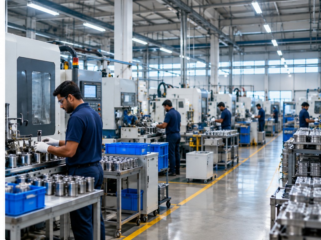 Modern manufacturing factory floor with machinery and production staff