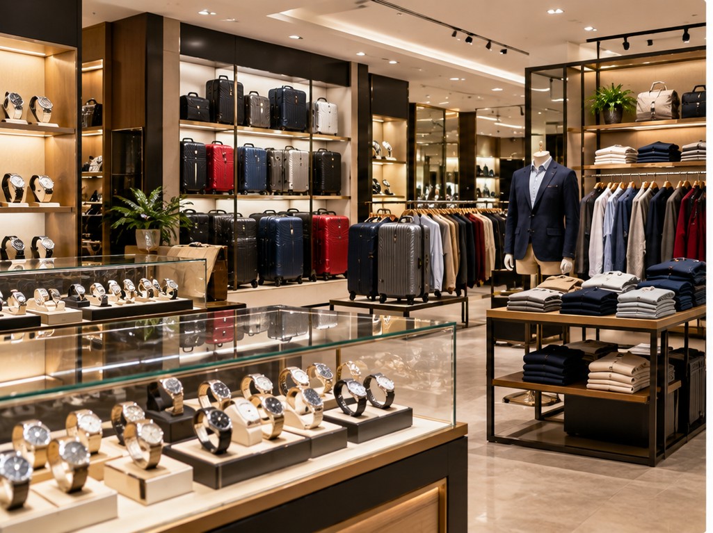 Retail showroom displaying watches, luggage and clothing