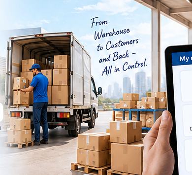 Distributor warehouse with loaded delivery vehicle for My miniERP distribution workflow