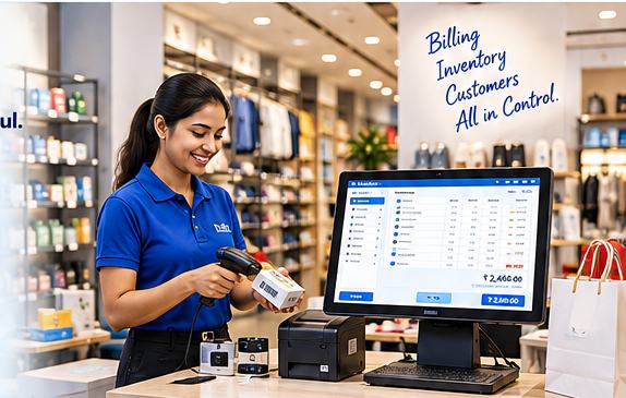 Retail showroom billing counter with barcode and POS system