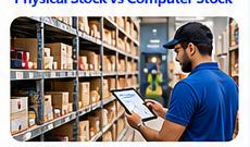 Retail staff checking physical stock variance against computer stock